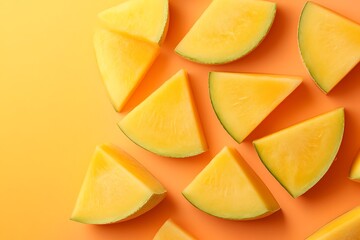 Mango slices on orange background, tropical fruit, food, diet