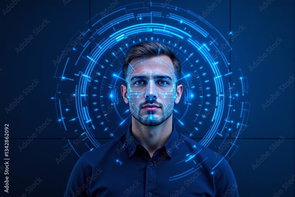 Poster futuristic facial recognition technology scanning a man's face with digital interface.