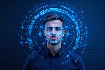Futuristic facial recognition technology scanning a man's face with digital interface.