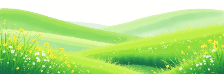Cartoon Green Hills with Yellow and White Flowers