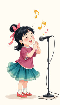 Cartoon girl singing into microphone with musical notes