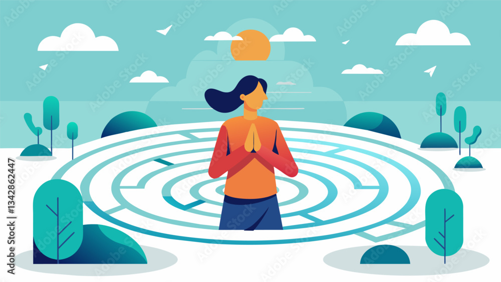 Poster a person pauses at several designated points within a labyrinth using each stop as an opportunity fo
