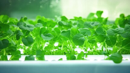 Lush green seedlings in a bright growing environment.