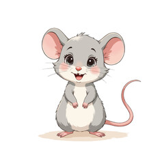 Charming gray cartoon mouse with large ears and a pink tail