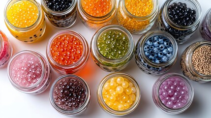 A playful arrangement of assorted bubble tea toppings displayed in clear glass jars for a fun beverage experience