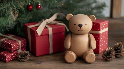 Wooden bear toy sitting next to red and green wrapped gifts