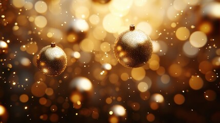 A symphony of golden balls, suspended in the air against a bokeh of blurred Christmas lights. The scene evokes warmth and festivity.