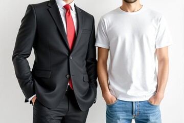 Contrast of formal and casual attire with two people standing together.