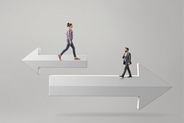 Fototapeta premium Businessman and casual woman walking on opposite directional arrows.