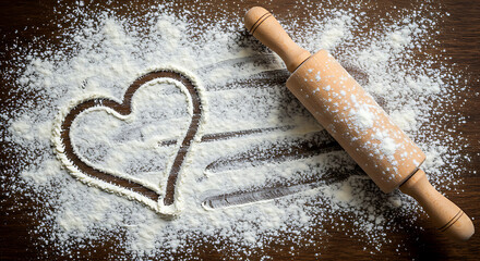 Baking Love Concept – Heart Drawn in Flour with Rolling Pin