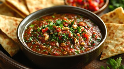 A symphony of flavors unfolds as walnuts and roasted red peppers harmonize in the rich, smoky dip of Muhammara, a tantalizing taste of the Levant.