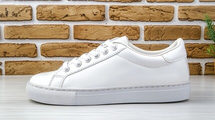 White Leather Sneakers with Speckled Detail on Rustic Brick Background
