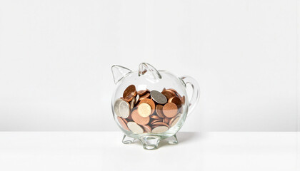 Glass piggy bank filled with coins on a neutral background