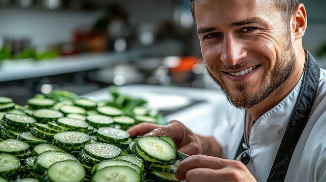 Chef expertly slicing fresh cucumbers for quick pickles with precision and focus in a bright kitchen environment