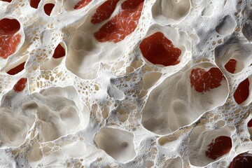 Close-up 3D-rendered microscopic view of liver tissue affected by fibrosis, showing collagen buildup, inflamed hepatocytes, and blocked bile ducts