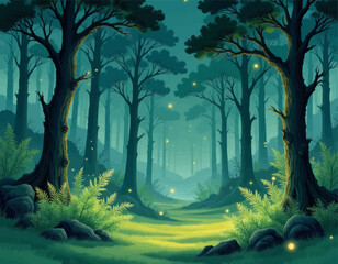 Enchanted Forest: Glowing Lights in Teal Green Woods