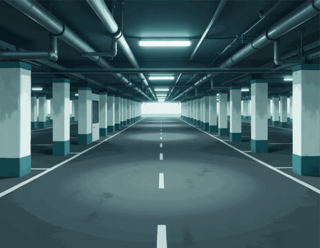 Endless garage parking lot, underground view
