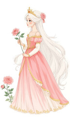Fairytale princess with pink dress and rose illustration