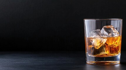 Whiskey glass with ice on dark surface