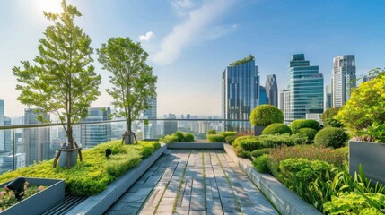 Fototapeta premium Roof garden on top of a skyscraper with city views.