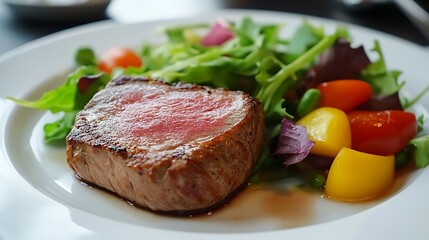 A good looking and tasty medium rare tuna steak with colorfull fresh salad