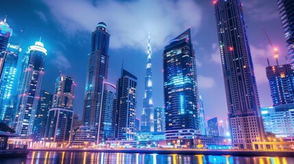 Fototapeta premium Tall skyscrapers in Dubai's city center at night.