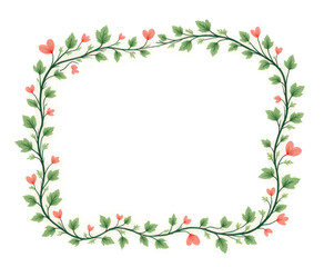 Floral frame with green leaves and heart-shaped pink flowers