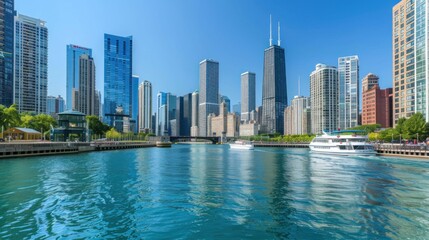 Fototapeta premium Chicago skyline featuring tall skyscrapers along Lake Michigan.