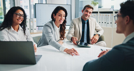 Meeting, group and discussion with documents, business and collaboration for financial performance...