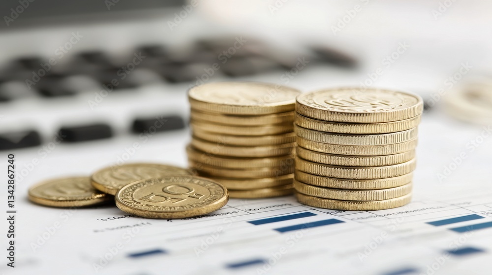 Poster stacks of coins on financial report with calculator in background