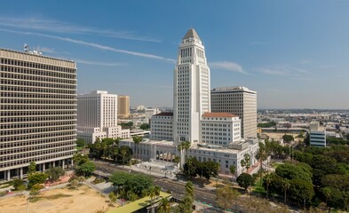 Fototapeta premium Los Angeles City Hall stands tall in downtown Los Angeles, California, USA. The iconic building is a symbol of the city's government and civic pride.