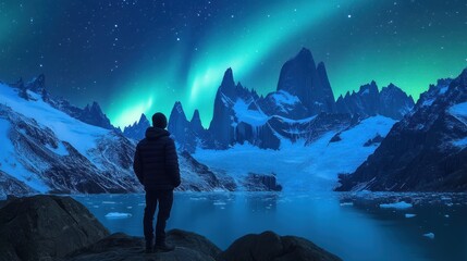 A lone figure gazes at the majestic mountains under the mesmerizing aurora borealis