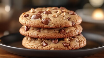 Golden peanut butter cookies, freshly baked and warm, beckon with their rich aroma and inviting texture, promising a sweet and satisfying indulgence.