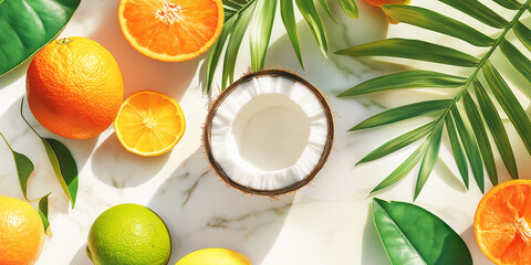 Split coconut on marble countertop surrounded by exotic tropical fruits and leaves