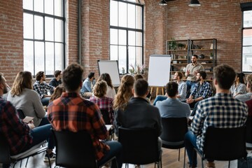 Creative people attending a business workshop in a modern loft-style office.