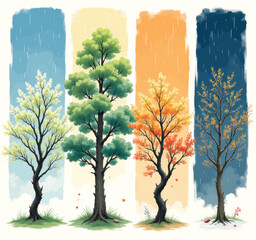 Four trees showing spring, summer, autumn, and winter seasons