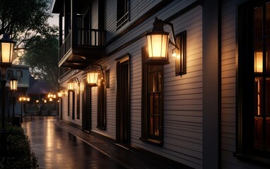 Deserted Western town at dusk, glowing oil lanterns, wooden storefronts, rustic architecture, warm ambient lighting, cinematic frontier aesthetic