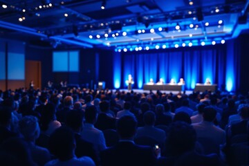 Blurred audience at a professional business conference in a large hall.