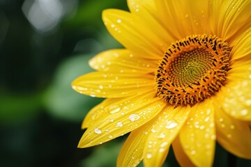 A bright yellow sunflower covered in droplets of fresh water