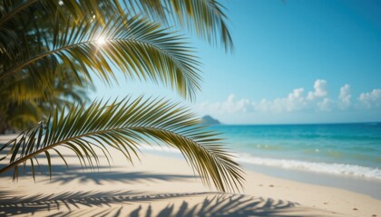 Serene Beach Scene Sunlit Sands, Palm Leaves, and Ocean Breeze