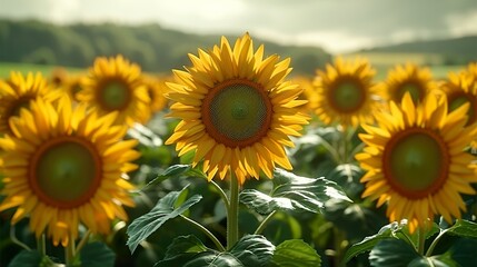 Fototapeta premium A field of tall sunflowers stretching toward the sun. HD 8K wallpaper Photographic Image