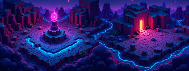 Cartoon tower defense game background with cyberpunk theme