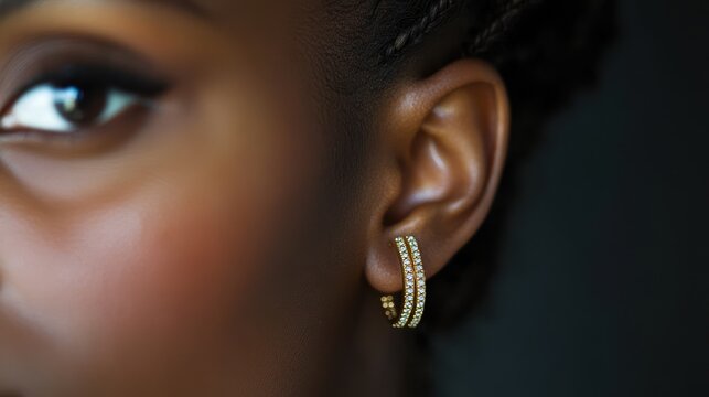 Close-up shows dark-skinned woman wearing golden hoop earrings with shiny gemstones. Perfect for jewelry ads, beauty blogs, or highlighting personal style and elegance.