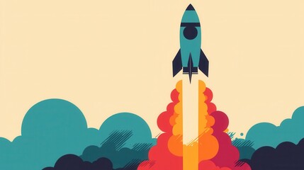 Retro Style Rocket Launching Into The Sky With Colorful Clouds