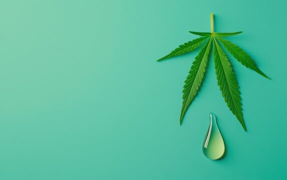 Crystal-clear drop of hemp oil suspended in midair with a fresh marijuana leaf inside holistic wellness and organic therapy