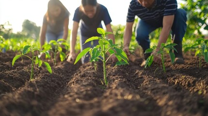 Group of People Planting Seeds in Green Agricultural Field