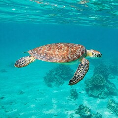Fototapeta premium green sea turtle swimming in turquoise tropical ocean water