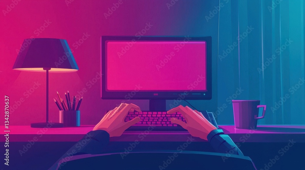 Poster hands typing on keyboard in modern workspace with ambient lighting