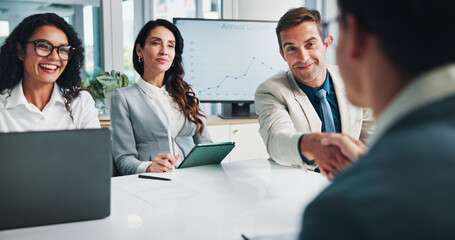 Meeting, group and discussion in boardroom, handshake and collaboration for financial performance...