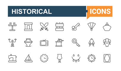Antiques simple icon set. Contains such icons as heritage, archaeology, culture, history, old and more. Thin UI icons. Historical line icon set. Signs for web and mobile app.